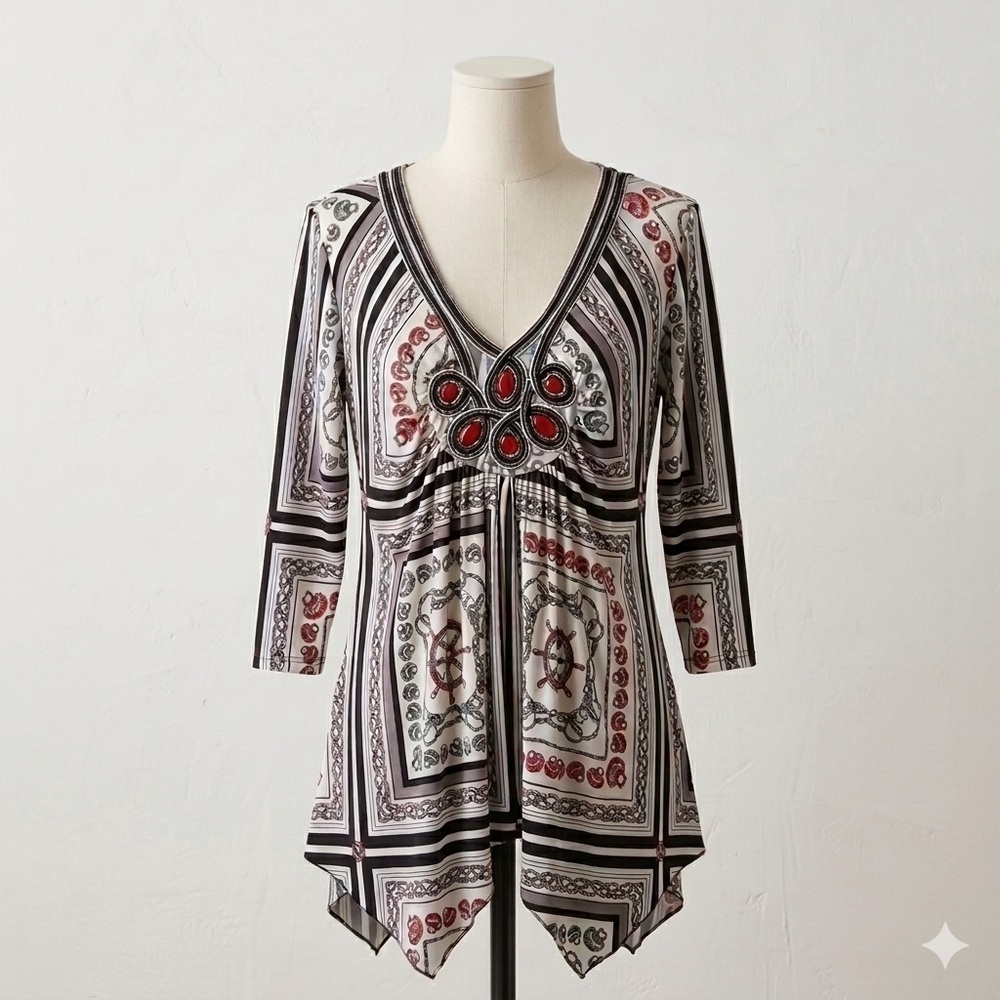 Boston Proper made in USA Tunic Top  Navy Red and White Patterned Size Medium